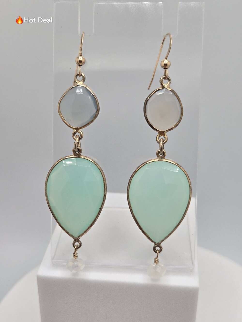 Handmade 14K Gold Plated Aqua Chalcedony White Agate Dangle Earrings 2.75"